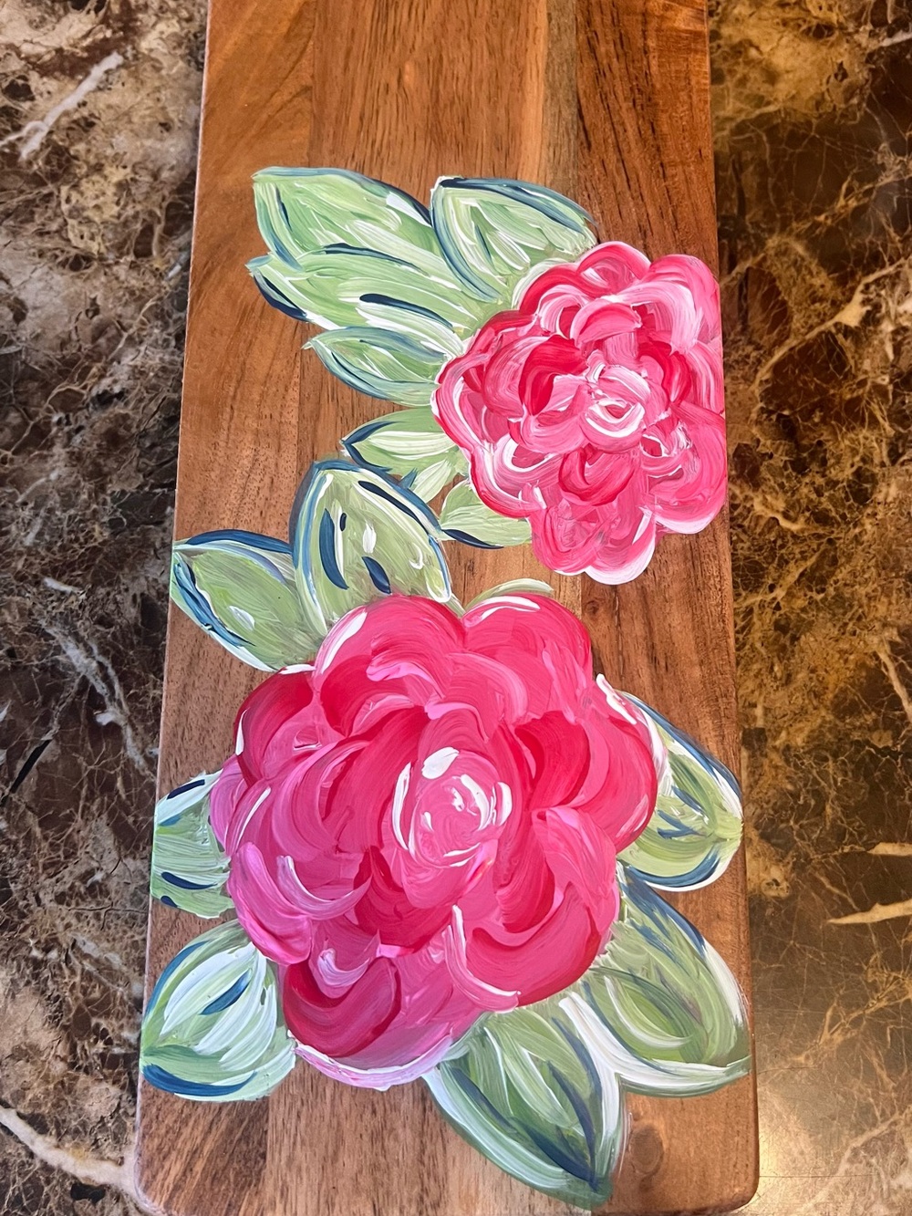 Hand-Painted Floral Wood Serving Board - Pink Roses